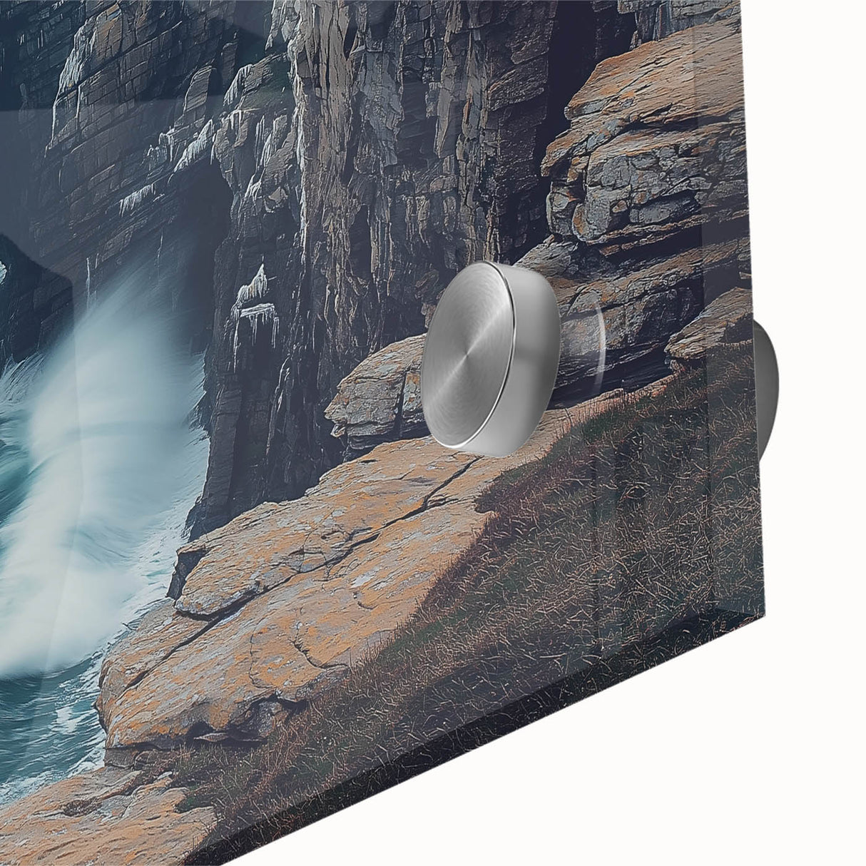 Vibrant close-up of an acrylic landscape artwork depicting majestic cliffs and serene skies, showcasing intricate details and rich colors, ideal for home decor.