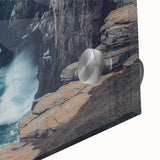 Vibrant close-up of an acrylic landscape artwork depicting majestic cliffs and serene skies, showcasing intricate details and rich colors, ideal for home decor.