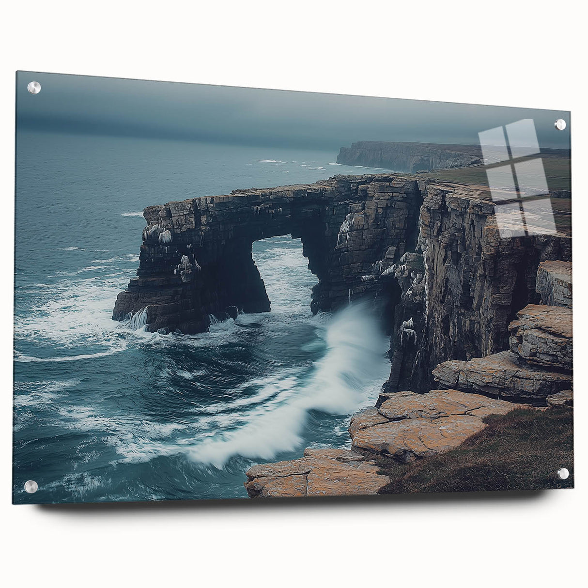 Acrylic landscape artwork depicting vibrant cliffs in rich hues, displayed in a side view with decorative pins for added depth and dimension. Ideal for modern decor.