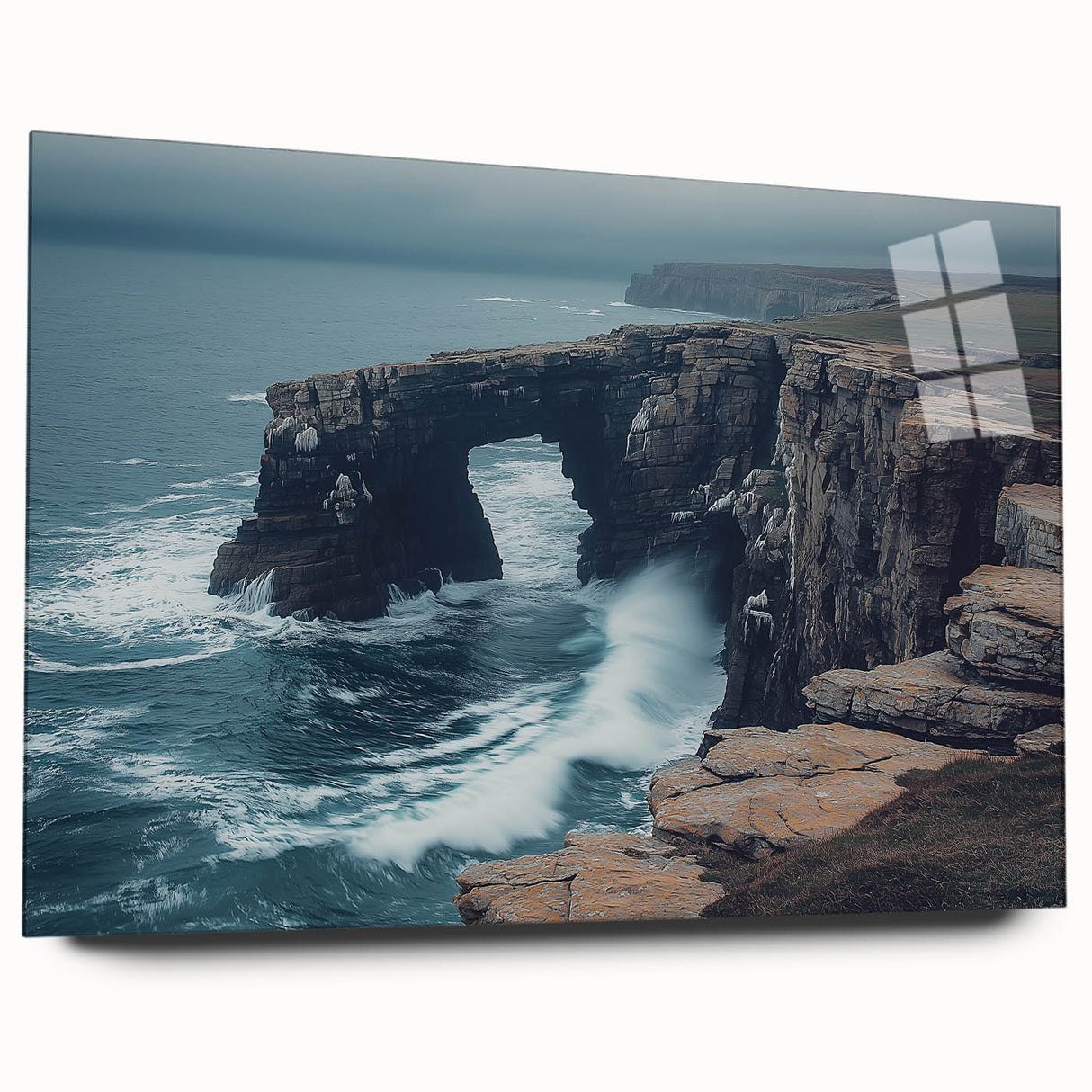 Acrylic glass artwork depicting stunning cliffs and landscapes in vibrant colors, showcasing a side view with intricate details and no visible pins, perfect for modern decor.