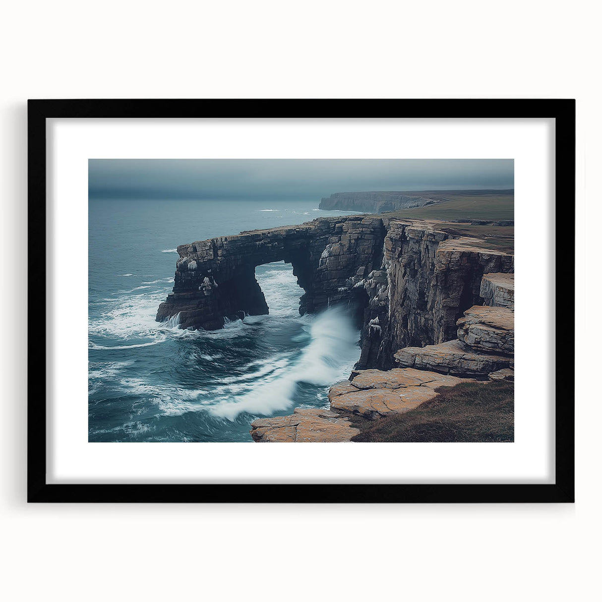 Black-framed landscape artwork of dramatic cliffs, featuring a mat for enhanced presentation, perfect for home or office decor. Ideal for nature enthusiasts and interior design lovers.