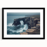 Black-framed landscape artwork of dramatic cliffs, featuring a mat for enhanced presentation, perfect for home or office decor. Ideal for nature enthusiasts and interior design lovers.
