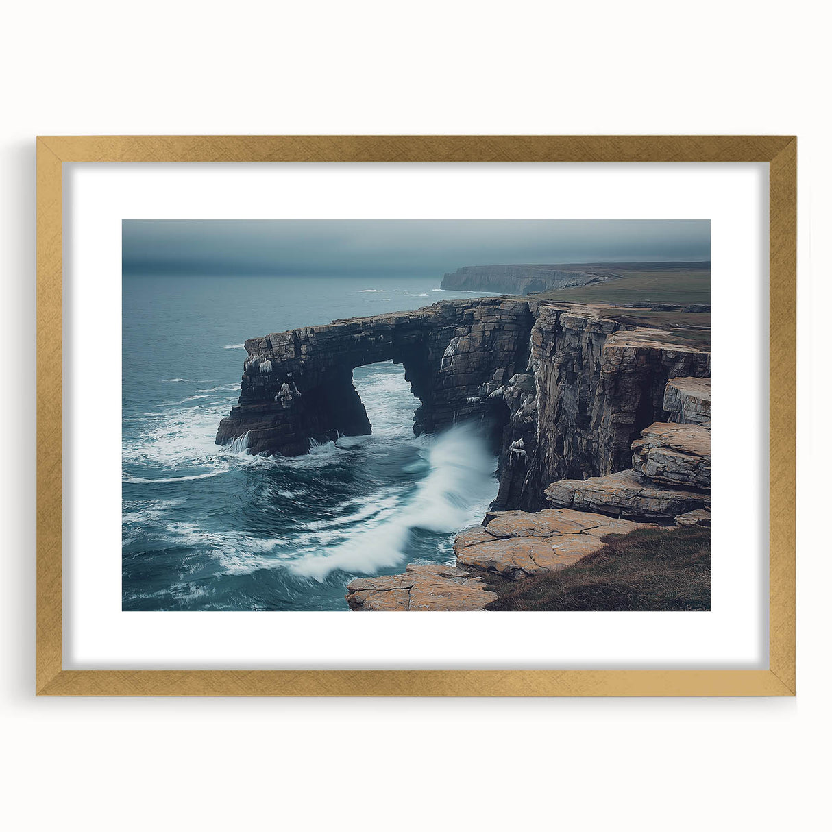 Elegant gold-framed landscape artwork featuring dramatic cliffs, set against a serene sky. Ideal for home decor, this piece adds sophistication to any room.