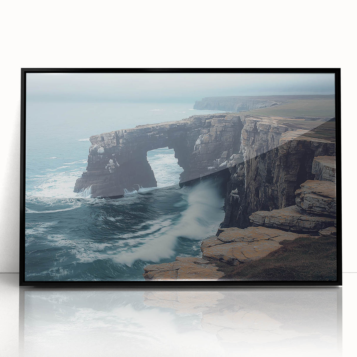 Framed acrylic artwork depicting dramatic cliffs and landscapes, featuring a sleek black frame that enhances the vibrant colors and intricate details of the scene. Perfect for modern home decor, this piece adds a touch of nature-inspired elegance to any room.