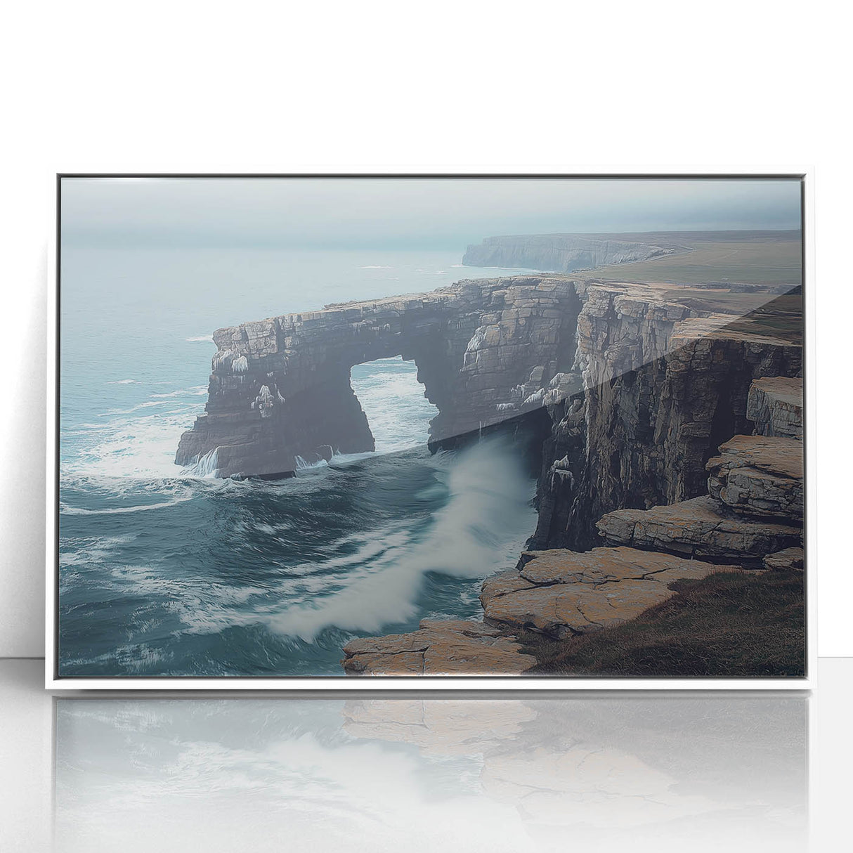Framed acrylic landscape artwork showcasing majestic cliffs with vibrant colors, set in a sleek white frame, perfect for enhancing modern home decor.