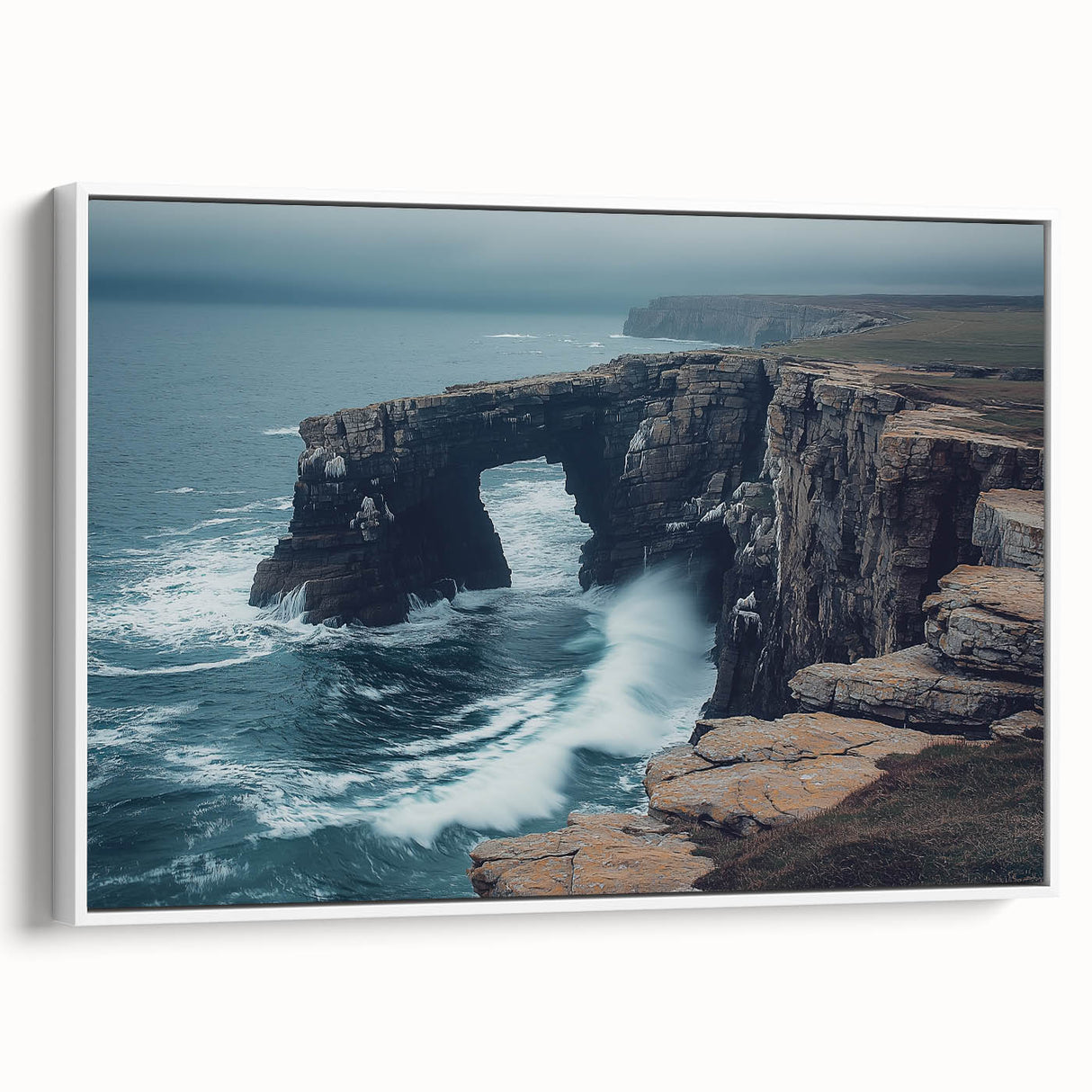 Framed canvas artwork depicting a scenic landscape with dramatic cliffs, showcasing vibrant colors and intricate details, ideal for enhancing home decor aesthetics.