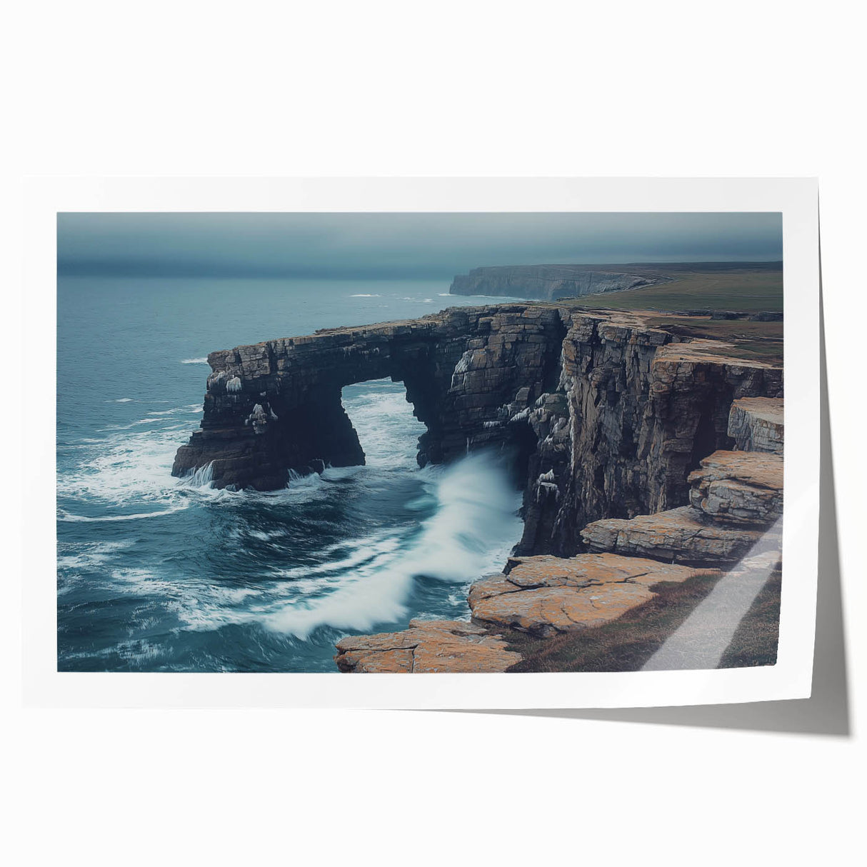 Vibrant landscape print showcasing dramatic cliffs and serene blue skies, rolled and securely packaged in a protective cardboard tube for easy shipping and display.