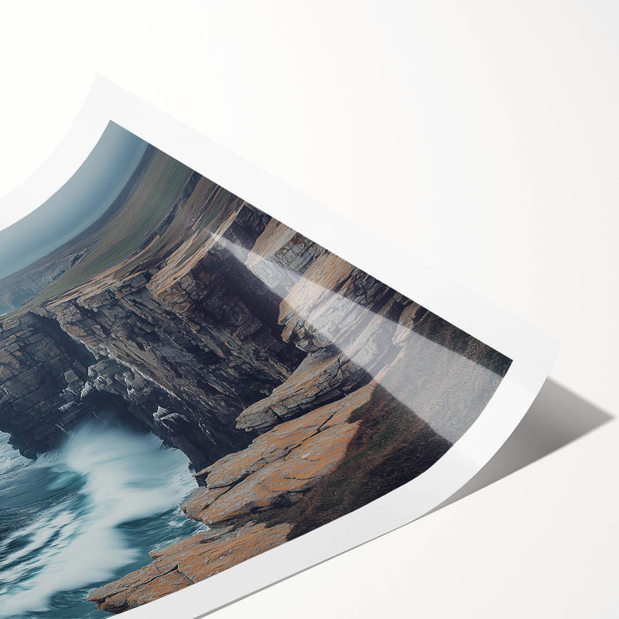 Stunning rolled print of a dramatic cliff landscape featuring vibrant colors and intricate details, perfect for home decor or art enthusiasts, securely packaged in a protective tube.