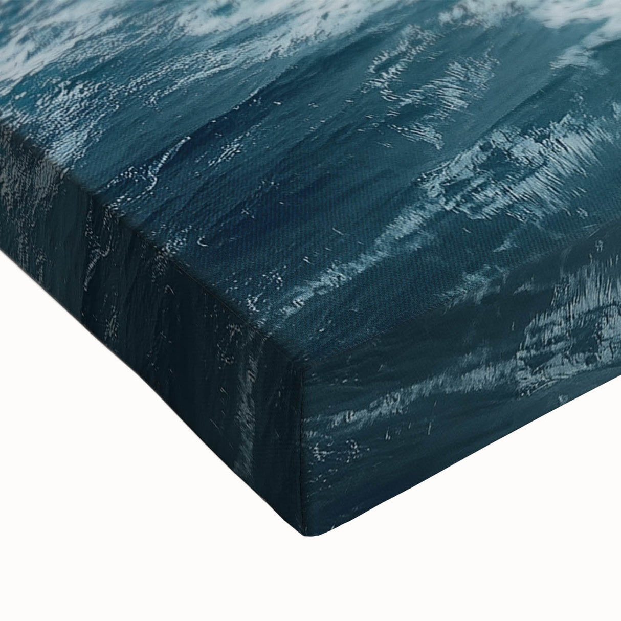 Close-up of a stretched canvas artwork depicting dramatic cliffs and serene landscapes, showcasing rich colors and intricate textures, perfect for nature-themed decor.
