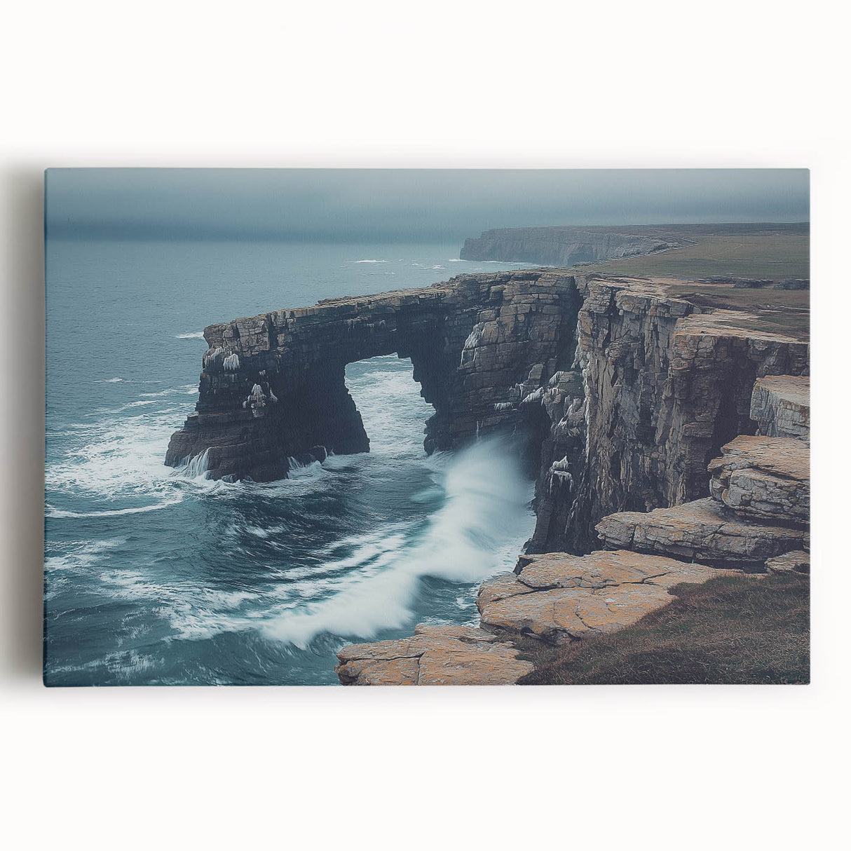 Stretched canvas artwork depicting a stunning landscape with majestic cliffs and a vibrant sky, perfect for home decor and nature lovers. Ideal for enhancing interior spaces.