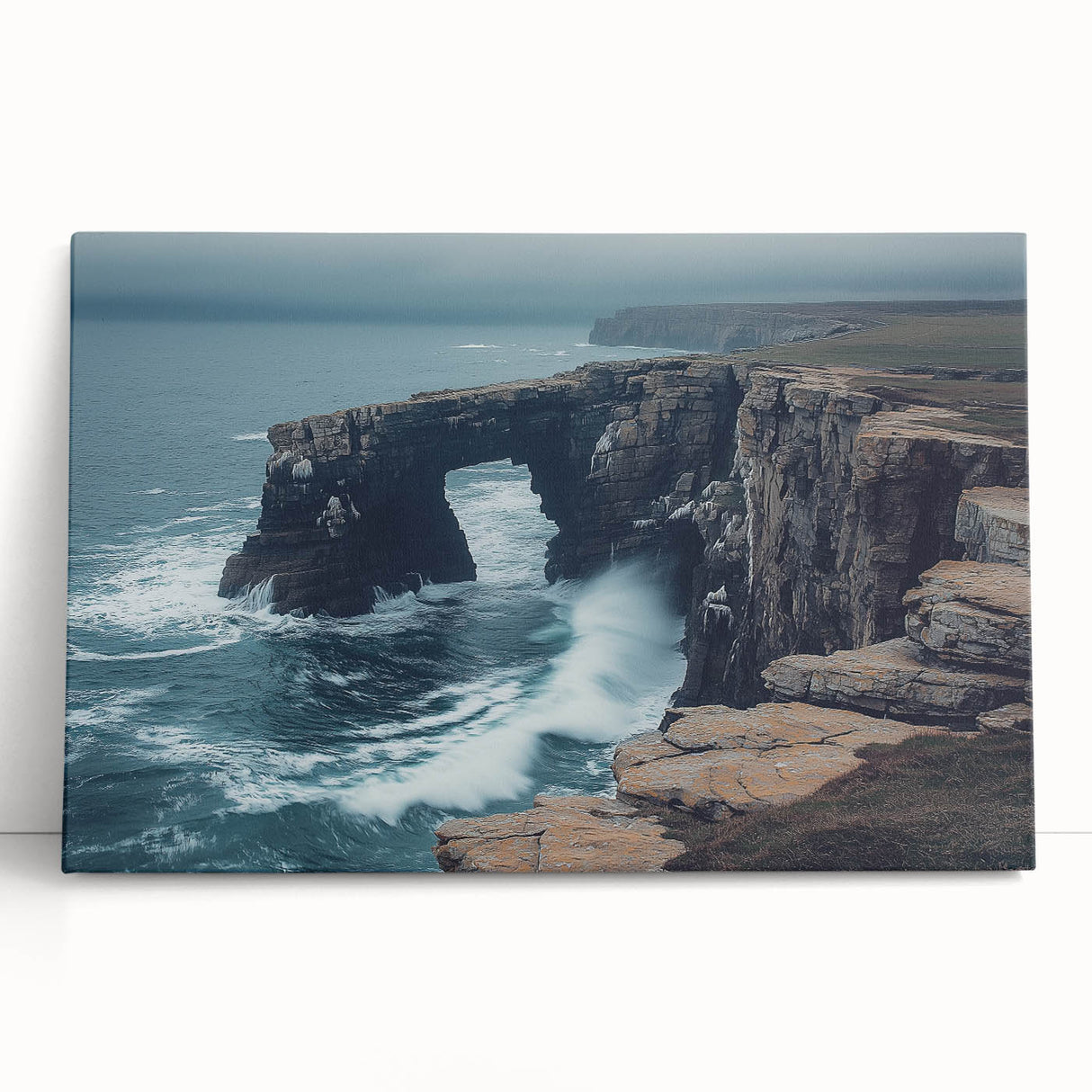 Stretched canvas artwork depicting vibrant landscapes with dramatic cliffs under a bright sky, showcasing rich colors and textures, ideal for home decor.