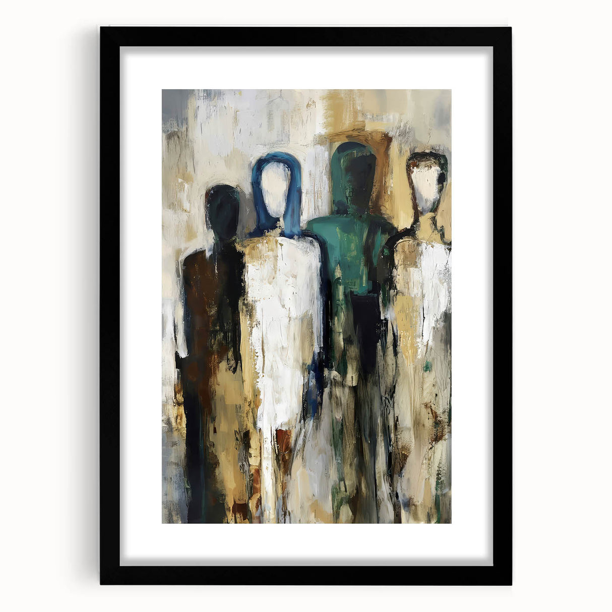 Abstract figurative frame with a black mat showcasing modern art, emphasizing geometric shapes and vibrant colors, ideal for contemporary home decor.