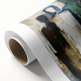 Abstract figurative wall art on rolled canvas showcasing vibrant colors and dynamic shapes, ideal for modern home decor, delivered in a protective cardboard tube.