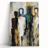 Abstract figurative stretched canvas artwork depicting fluid shapes and vibrant colors, leaning against a textured wall, ideal for modern home decor.