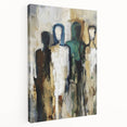 Stretched canvas artwork showcasing an abstract figurative design with vibrant colors and dynamic shapes, ideal for modern home decor. Side view highlights the depth and texture of the piece, enhancing its visual appeal in contemporary settings.