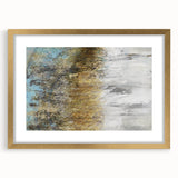 Abstract landscape wall art framed in gold, showcasing vibrant colors and intricate patterns, ideal for modern home decor. The artwork features a mat for added elegance.