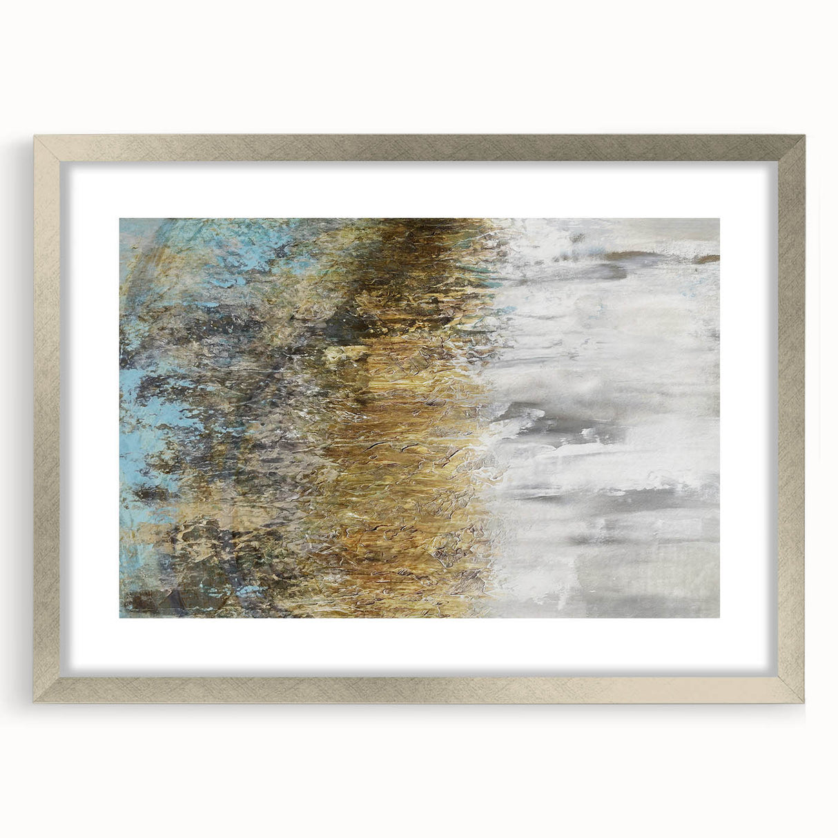 Abstract landscape wall art framed in silver, featuring soft hues of blue and green, enhancing modern decor. Ideal for contemporary home styling.