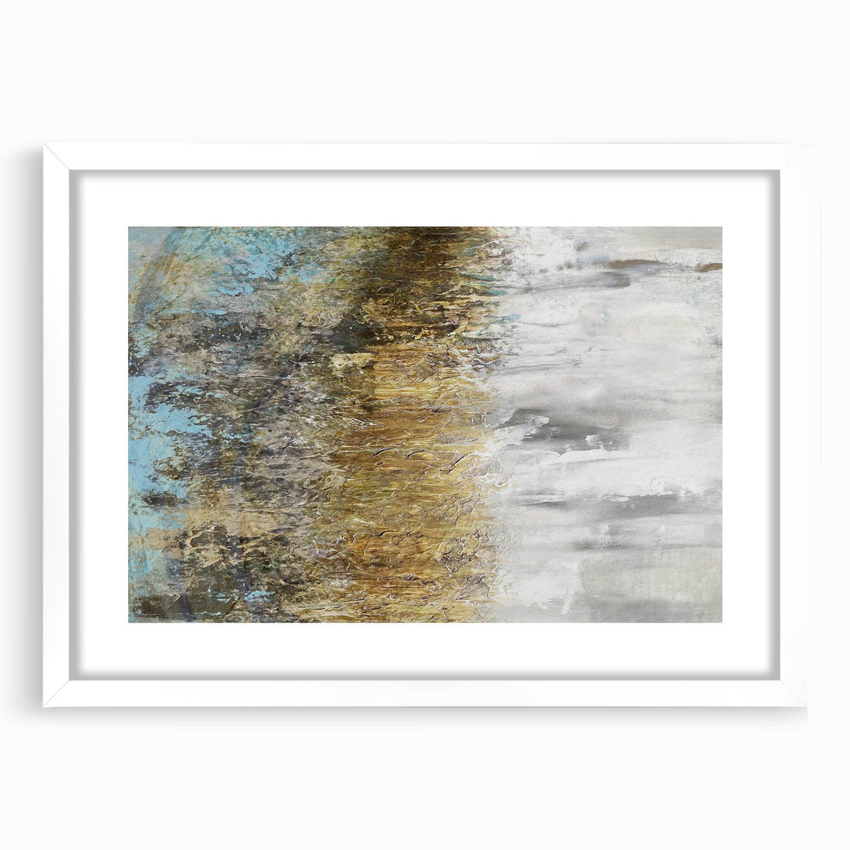 Abstract landscape wall art framed with a white mat, showcasing vibrant colors and geometric patterns, perfect for modern home decor or office spaces, enhancing artistic ambiance.