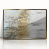Framed abstract landscape wall art featuring a blend of earthy tones and gold accents, perfect for modern home decor, enhancing living spaces with elegance.