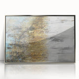 Framed abstract landscape wall art in silver acrylic, showcasing vibrant colors and modern design elements. Ideal for contemporary home decor and artistic expression.