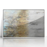 Framed abstract landscape wall art featuring vibrant colors, including blues and whites, ideal for modern home decor, showcasing a serene, artistic view.