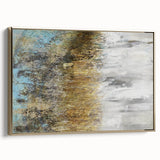 Framed canvas artwork showcasing a vibrant abstract landscape with gold accents. The side view highlights the sleek frame and modern design, perfect for contemporary decor.
