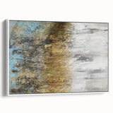 Framed canvas wall art displaying an abstract landscape design in soothing earth tones, elegantly presented in a white frame, perfect for modern home decor.