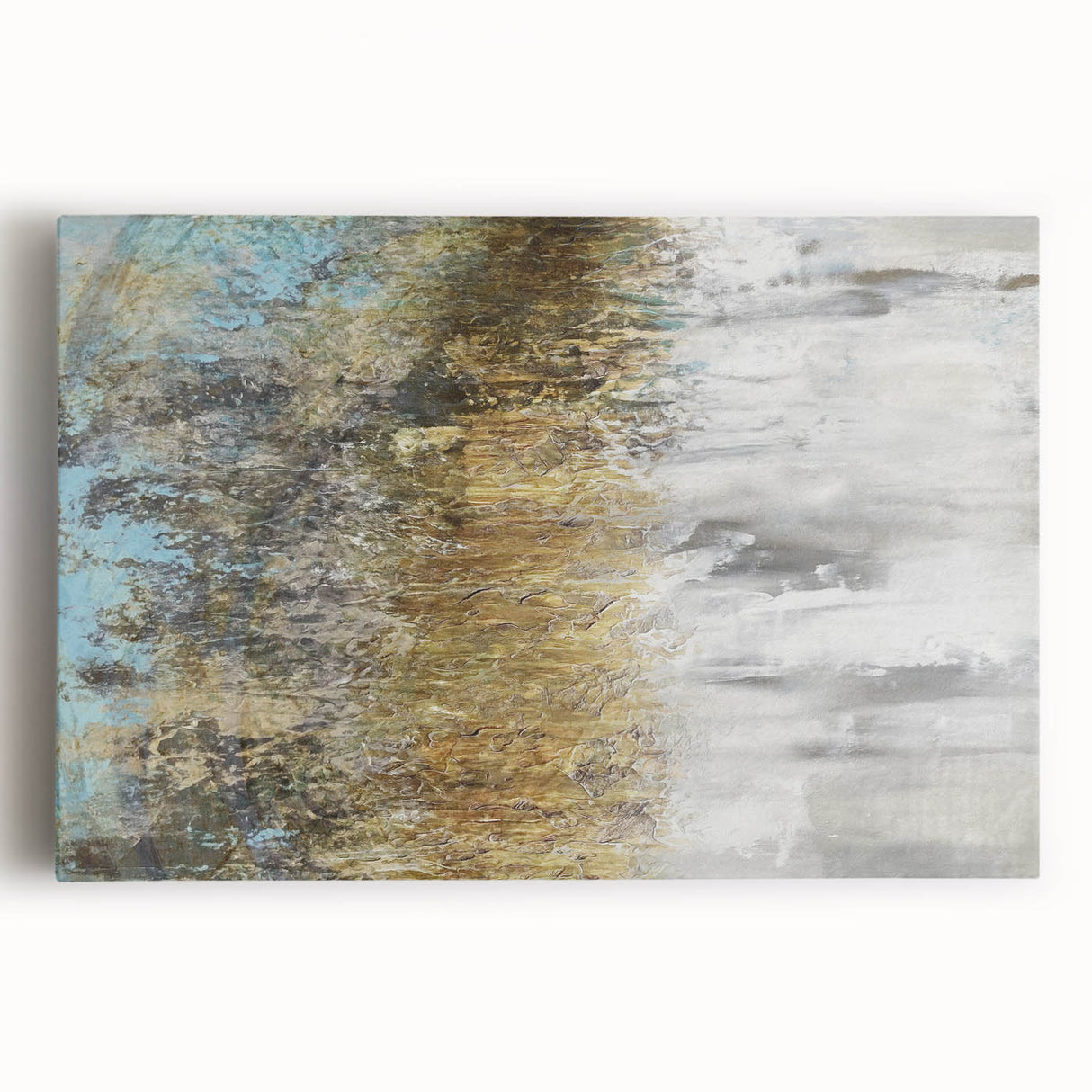 Stretched canvas artwork showcasing an abstract landscape design in vibrant colors, ideal for modern home decor, enhancing any living space with artistic flair.