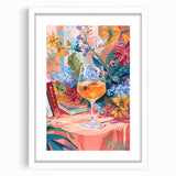 Abstract art print featuring swirling blue and green patterns, framed in white, suitable for dining room decor.