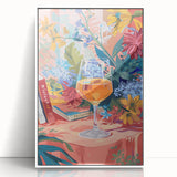 Mid-century modernist art deco poster featuring a minimalist food and drink motif in pastel shades, framed acrylic.