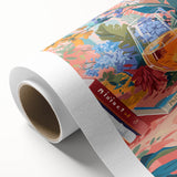 Art deco poster featuring stylized food and drink items in bold colors on rolled canvas, ideal for dining room wall art.