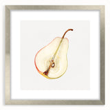 Textured art print featuring an abstract design of assorted fruits in vibrant colors, framed in silver.