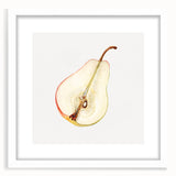 Abstract art print of assorted fruits in vibrant colors on a white framed canvas, ideal for dining room decor.