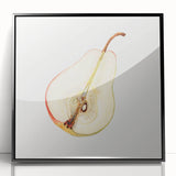 Large abstract wall art featuring assorted fruits in bold colors on a black acrylic framed print.