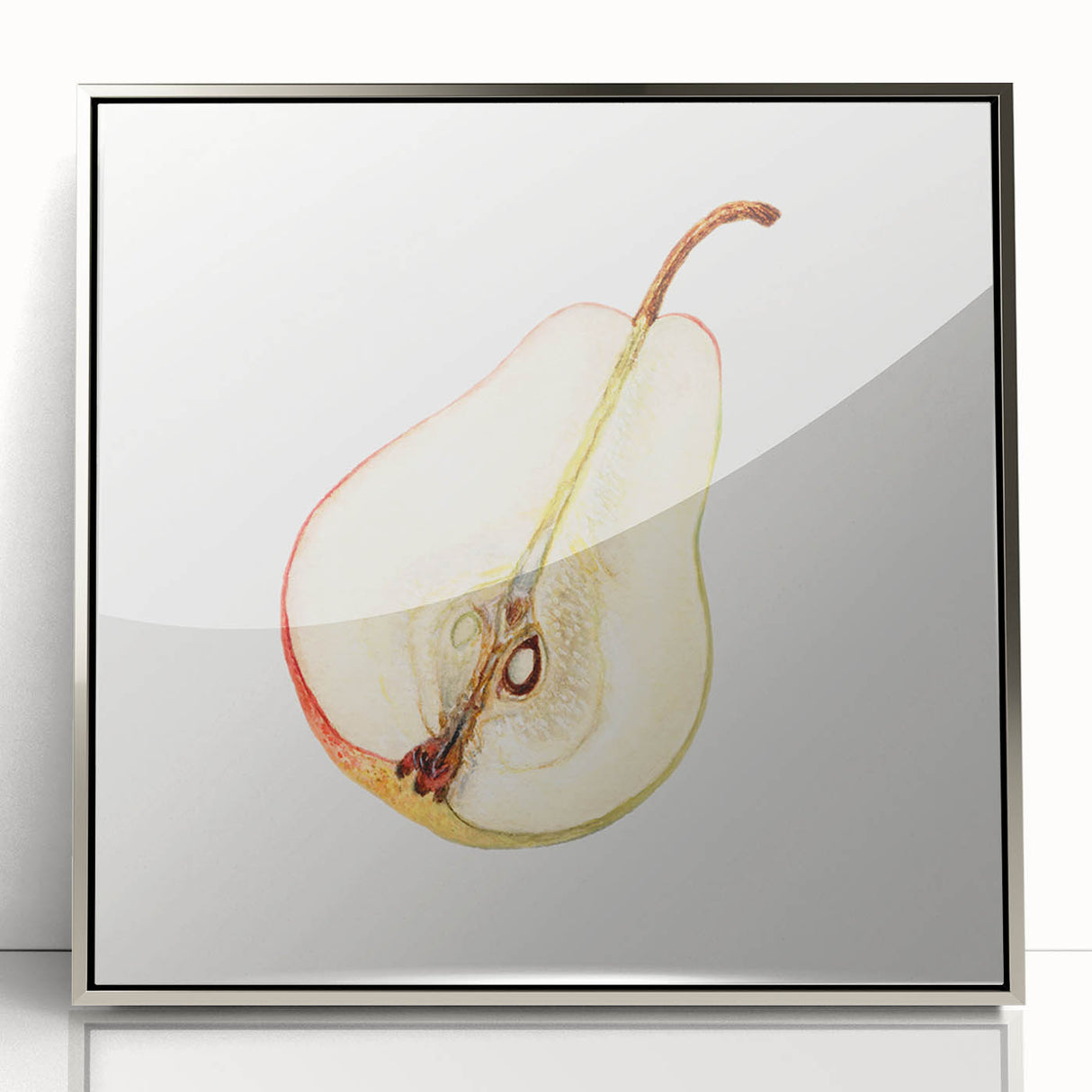 Mid-century modernist art depicting assorted fruits in vibrant colors on a silver-framed acrylic print.