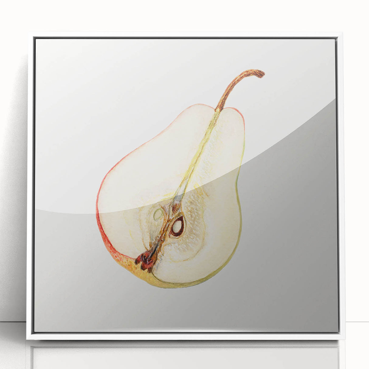 Art deco poster featuring a variety of fruits in vibrant colors on acrylic, framed in white, ideal for modern kitchen decor.