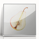 Art deco poster featuring a variety of fruits in vibrant colors on acrylic, framed in white, ideal for modern kitchen decor.