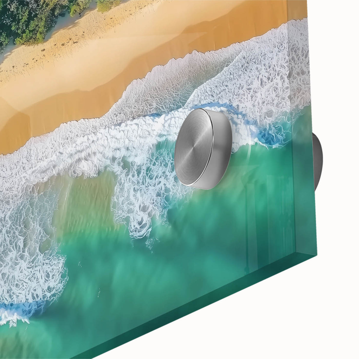 Close-up of a vibrant acrylic glass artwork depicting a serene beach landscape at sunset, showcasing rich colors and fine details that enhance its visual appeal. Ideal for coastal home decor or art enthusiasts.