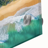 Close-up of a vibrant acrylic glass artwork depicting a serene beach landscape at sunset, showcasing rich colors and fine details that enhance its visual appeal. Ideal for coastal home decor or art enthusiasts.