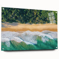 Acrylic wall art featuring a vibrant beach landscape design, viewed from the side and secured with decorative pins. Perfect for adding a coastal touch to any room.