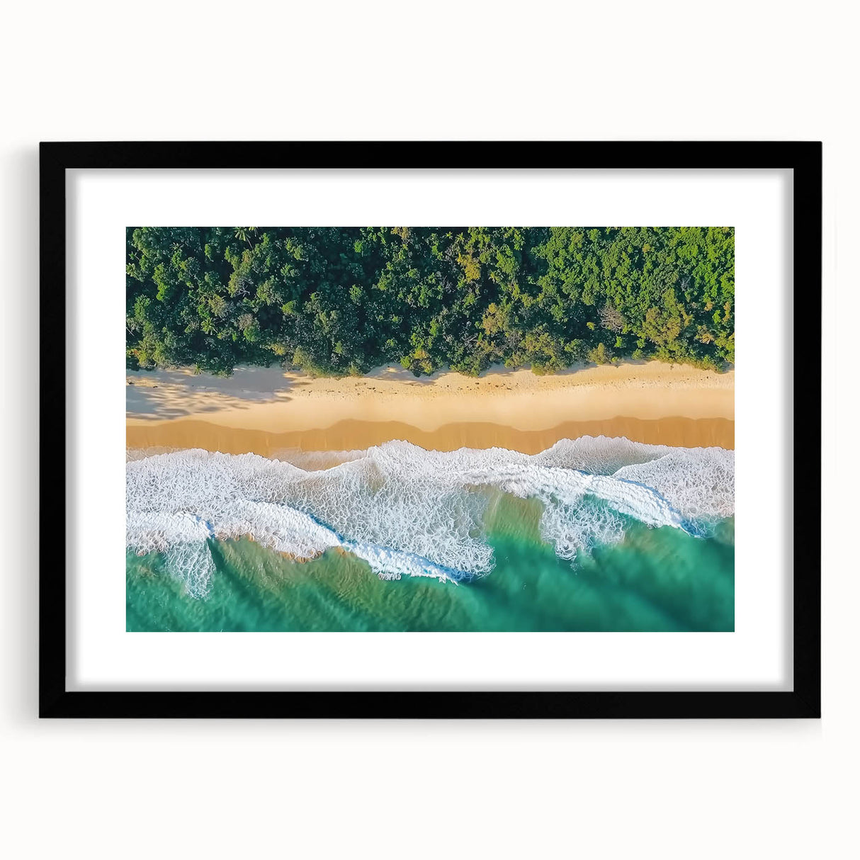 Black-framed landscape artwork of serene beaches, showcasing vibrant colors and fine details, ideal for home decor and enhancing any living space ambiance.