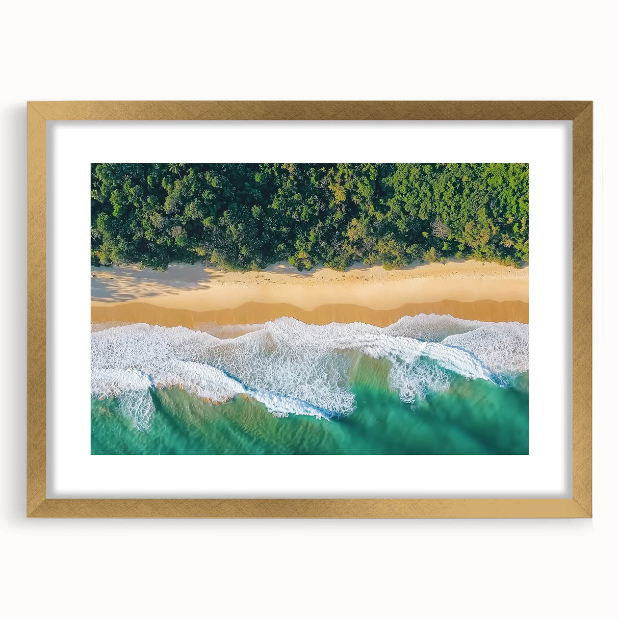 Elegant gold-framed landscape artwork depicting serene beaches, featuring a white mat for enhanced presentation. Ideal for coastal-themed decor.