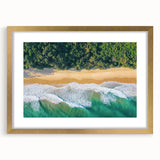 Elegant gold-framed landscape artwork depicting serene beaches, featuring a white mat for enhanced presentation. Ideal for coastal-themed decor.