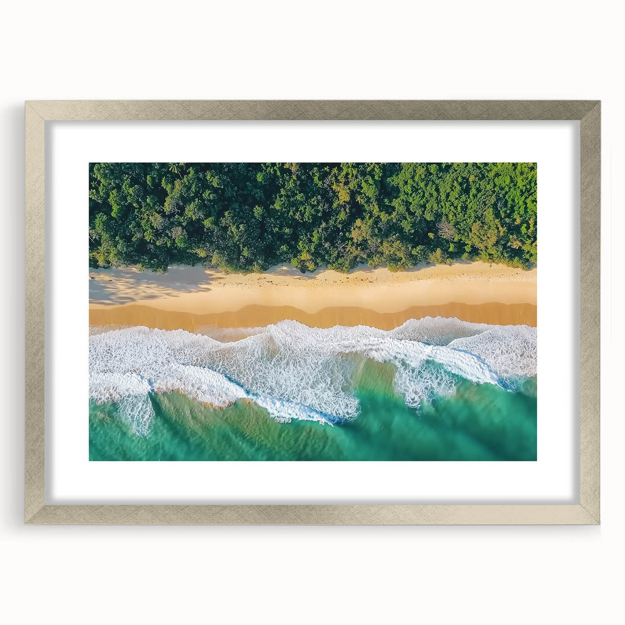 Elegant silver-framed landscape artwork of tranquil beaches, showcasing soft sand and gentle waves, perfect for enhancing home decor with a serene coastal vibe.