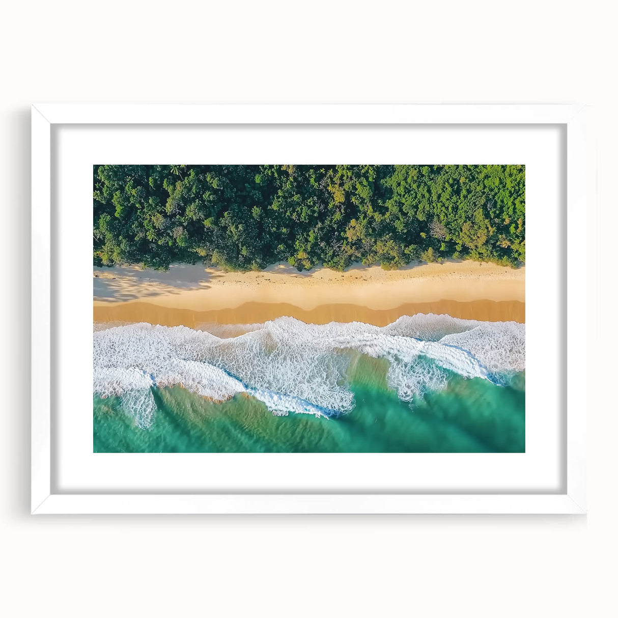 Framed landscape artwork depicting serene beaches with a white mat, ideal for home decor. The elegant design enhances coastal-themed interiors, inviting tranquility.