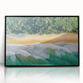 Framed acrylic artwork showcasing a serene beach landscape with gentle waves and a clear blue sky, set in a sleek black frame for modern decor. Ideal for coastal-themed interiors.
