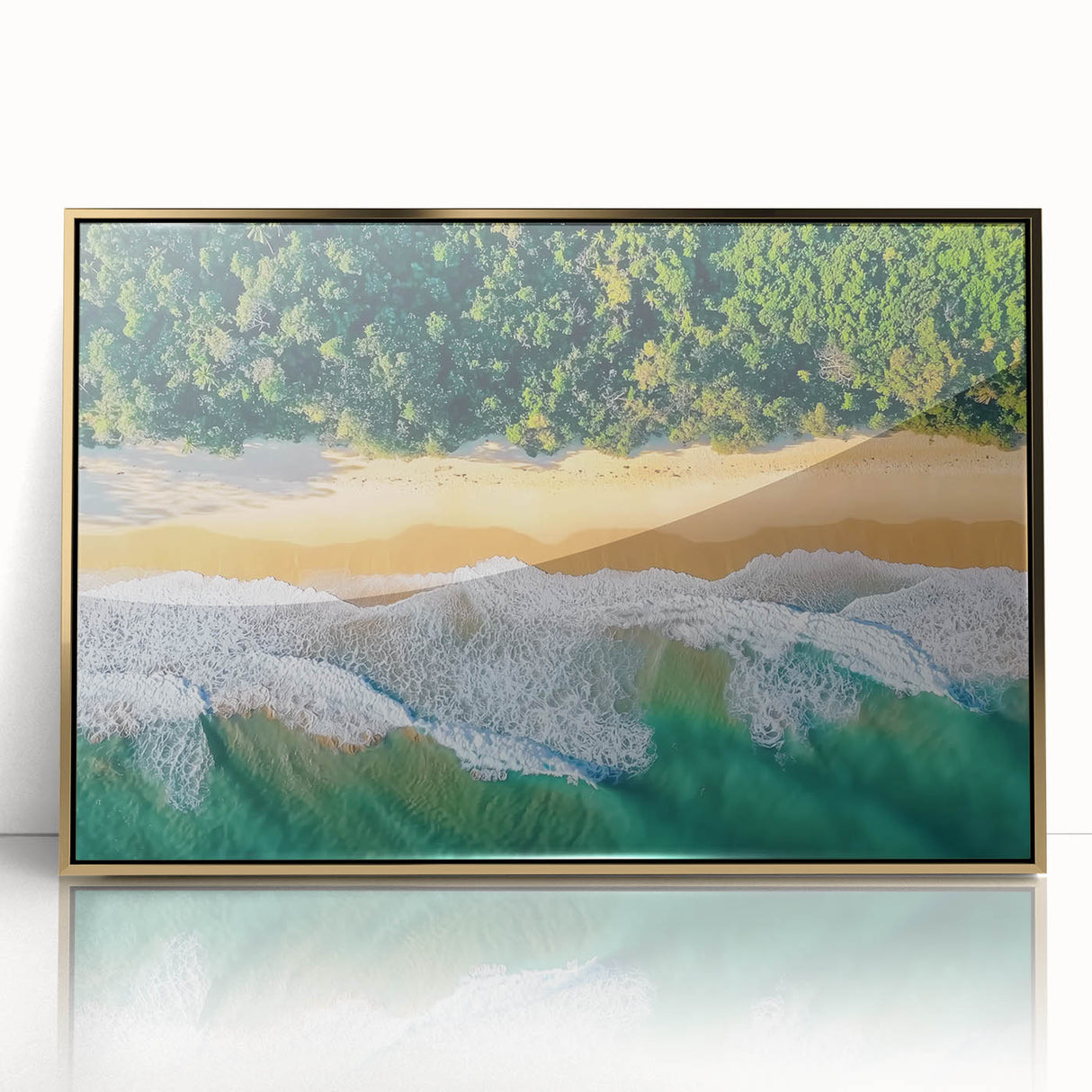 Framed acrylic artwork depicting a serene beach landscape with golden hues, perfect for coastal-themed home decor. Ideal for adding a touch of tranquility to any room.