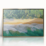 Framed acrylic artwork depicting a serene beach landscape with golden hues, perfect for coastal-themed home decor. Ideal for adding a touch of tranquility to any room.