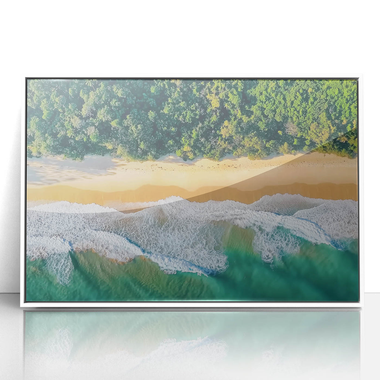 Framed acrylic artwork depicting a serene beach landscape with vibrant colors, set in a sleek white frame, perfect for enhancing coastal-themed decor.