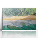 Framed acrylic artwork depicting a serene beach landscape with vibrant colors, set in a sleek white frame, perfect for enhancing coastal-themed decor.